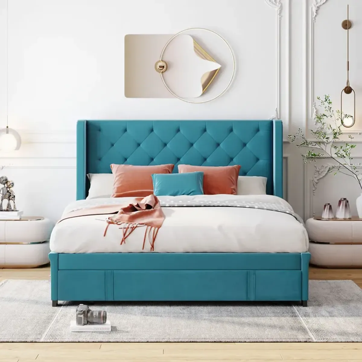 Queen Size Storage Bed Velvet Upholstered Platform Bed With Wingback Headboard And Big Drawer