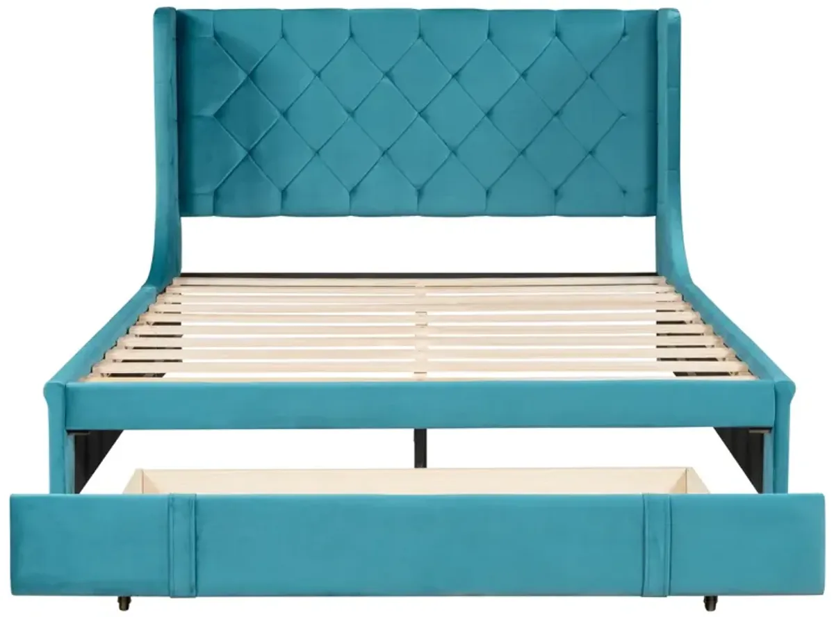 Queen Size Storage Bed Velvet Upholstered Platform Bed With Wingback Headboard And Big Drawer