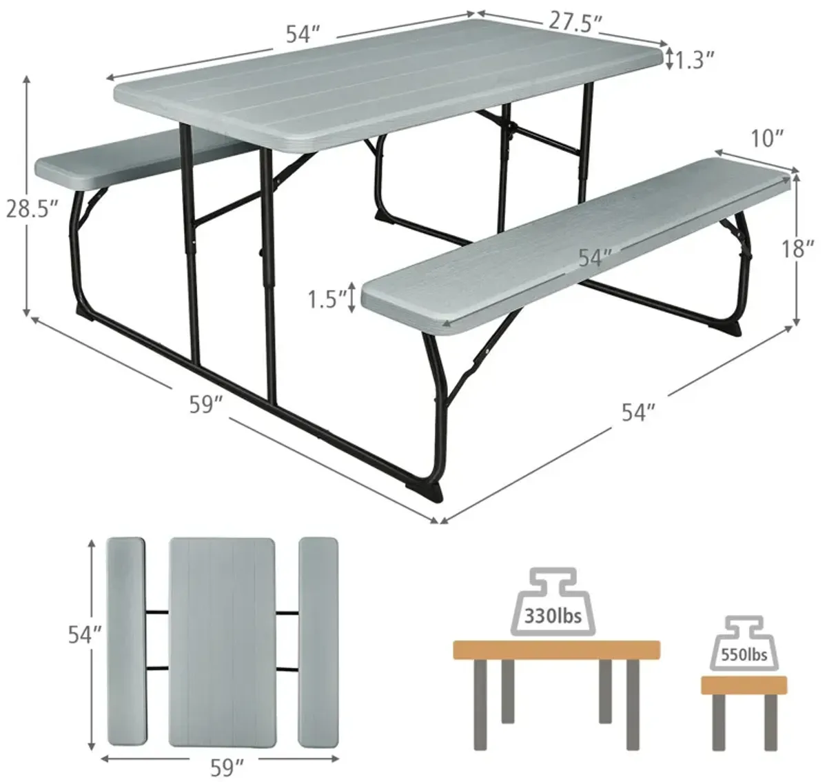 Indoor and Outdoor Folding Picnic Table Bench Set with Wood-like Texture