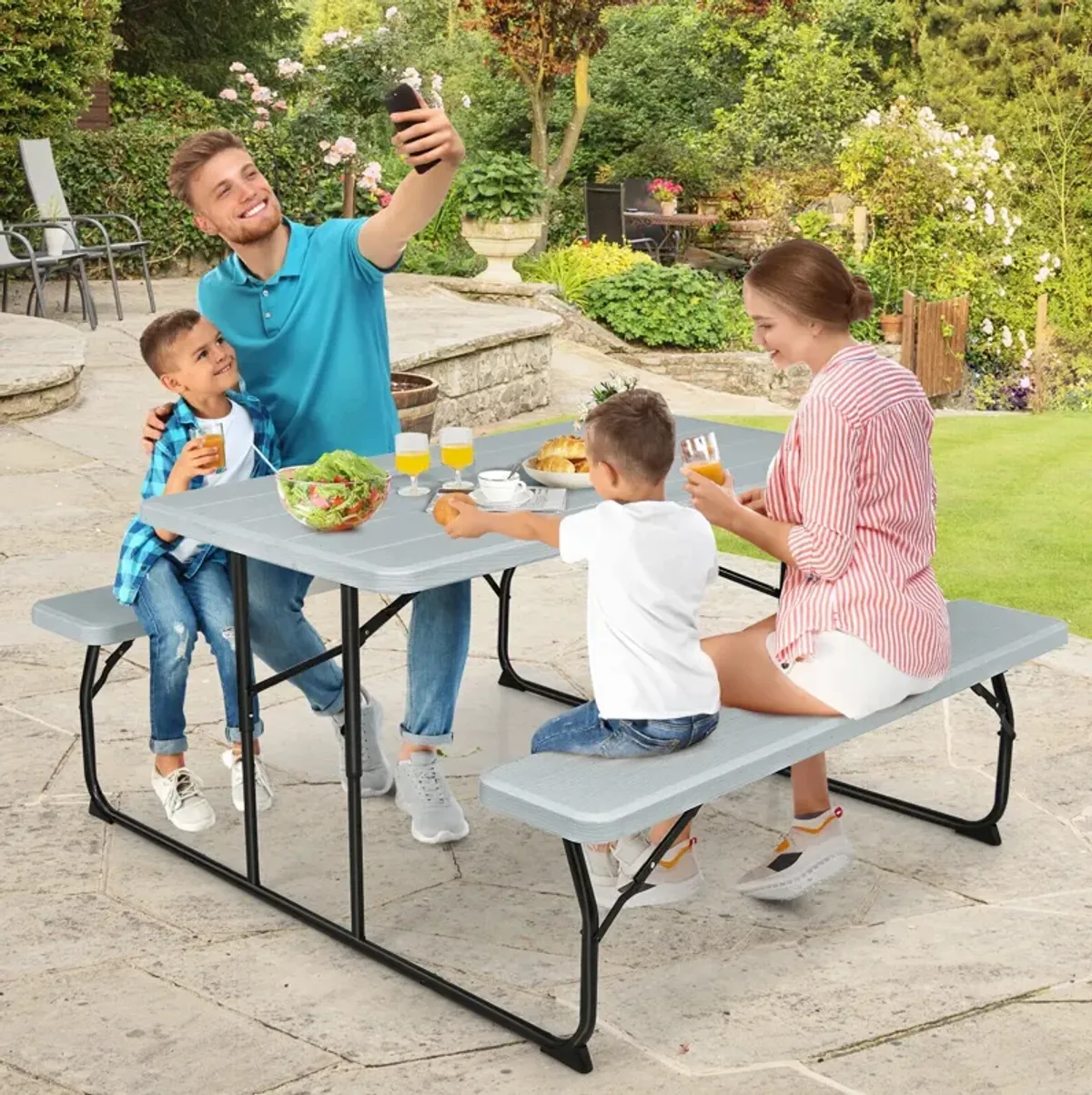 Indoor and Outdoor Folding Picnic Table Bench Set with Wood-like Texture