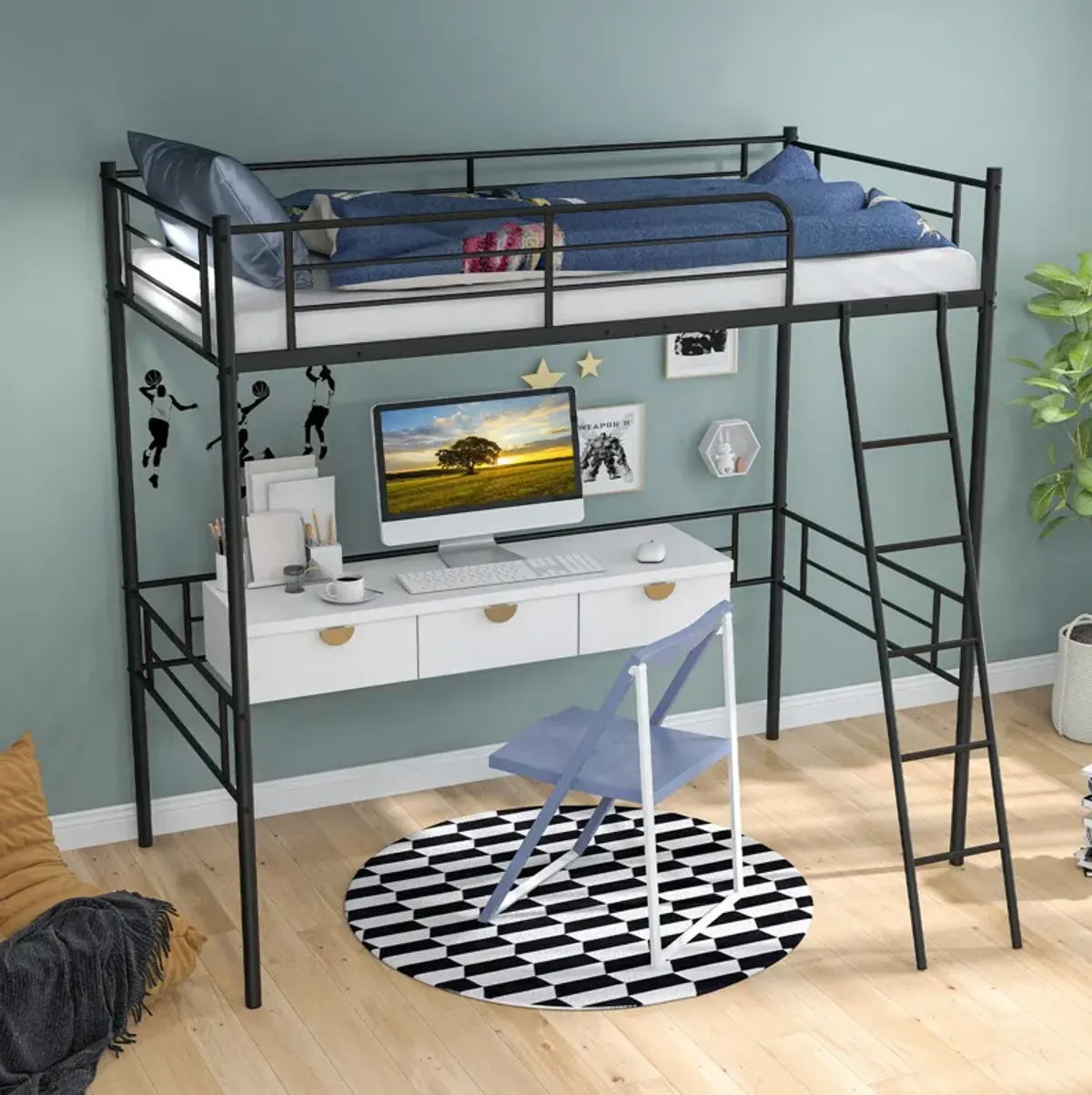 Metal Loft Twin Bed Frame Single High Loft Bed-Black