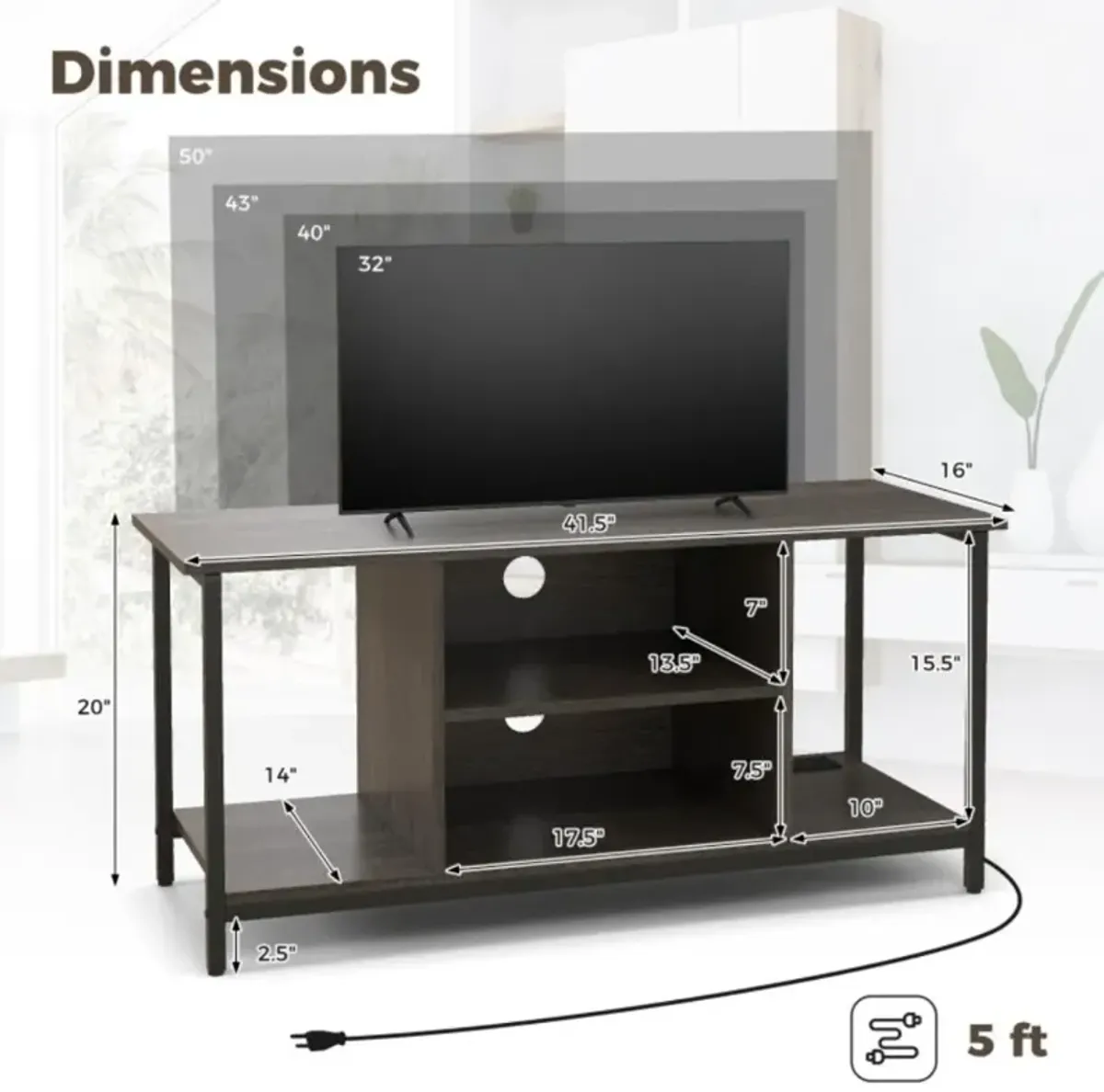 Hivvago 3-Tier TV Stand with Power Outlet USB and Adjustable Shelf-Gray