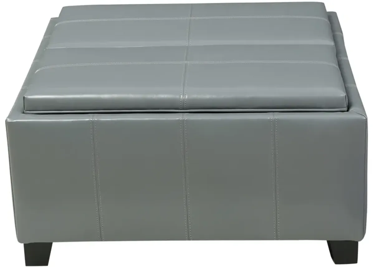 Ottoman, 29 Inch Square, Reversible Lid Storage, Gray Faux Leather -Benzara