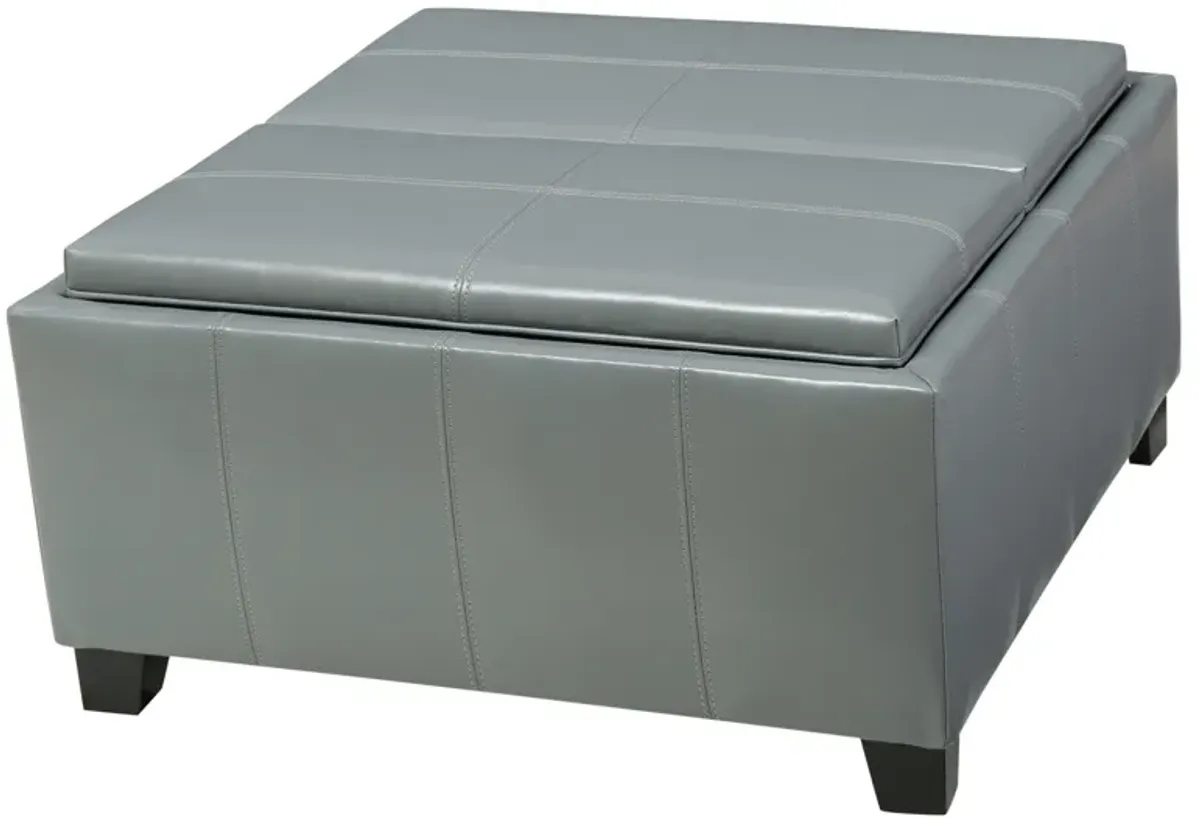 Ottoman, 29 Inch Square, Reversible Lid Storage, Gray Faux Leather -Benzara