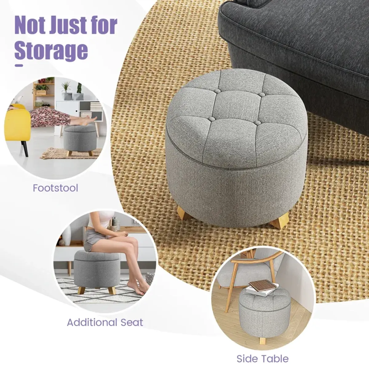 Upholstered Round Ottoman with Solid Rubber Feet-Gray