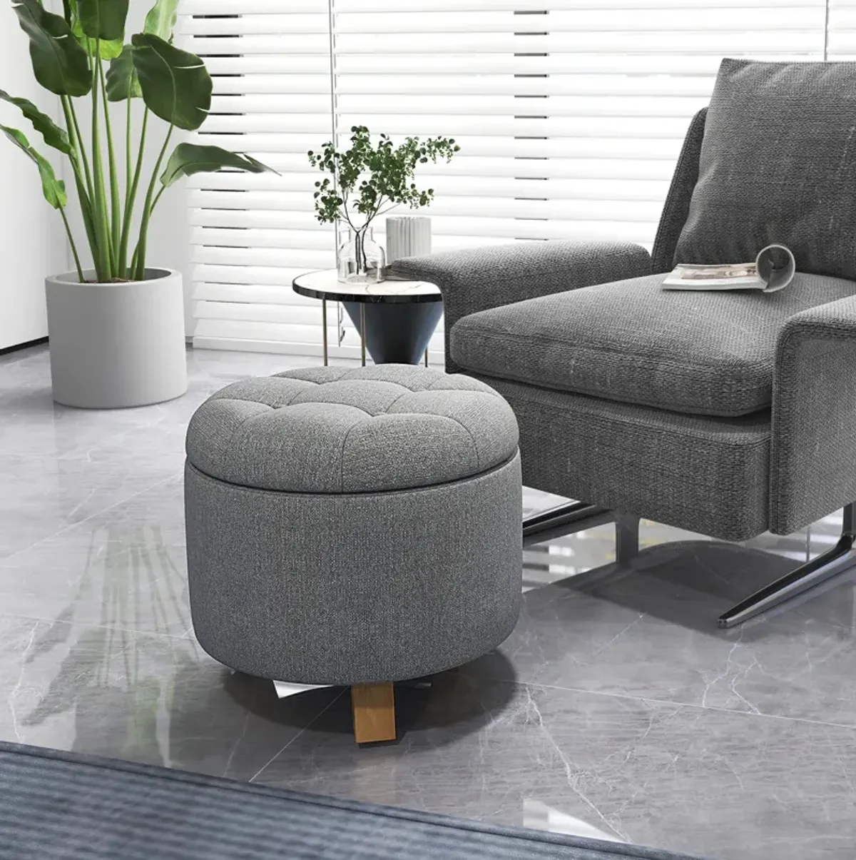 Upholstered Round Ottoman with Solid Rubber Feet-Gray