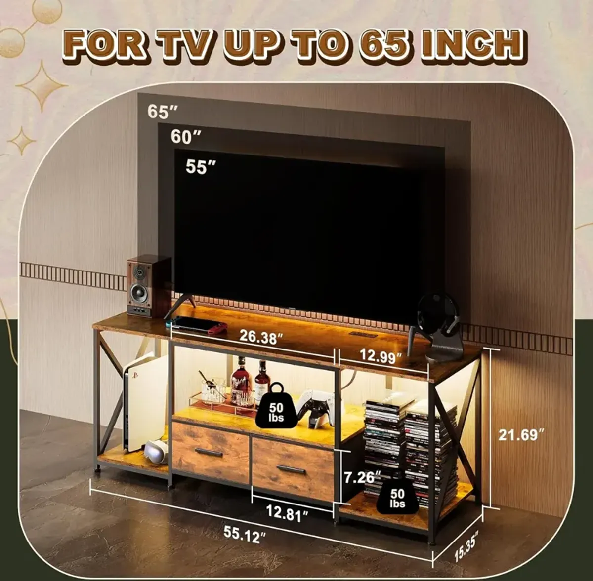 TV Stand with Power Outlets & LED Lights,Rustic Brown 55 INCH