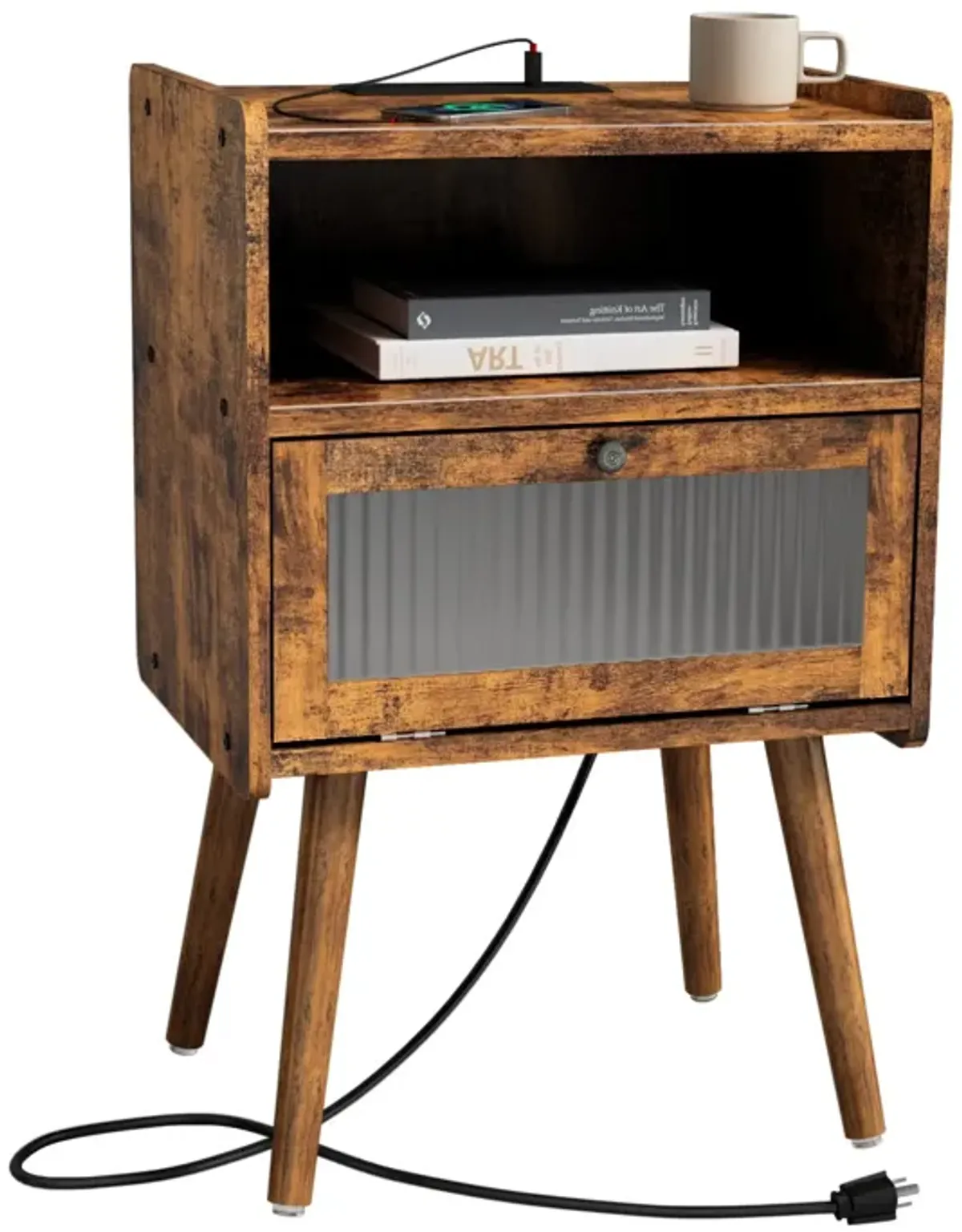 SOOWERY Mid Century Modern Nightstand with Charging Station, Bedside Tables with Glass Door, End Table Side Table with 2 Tiers S