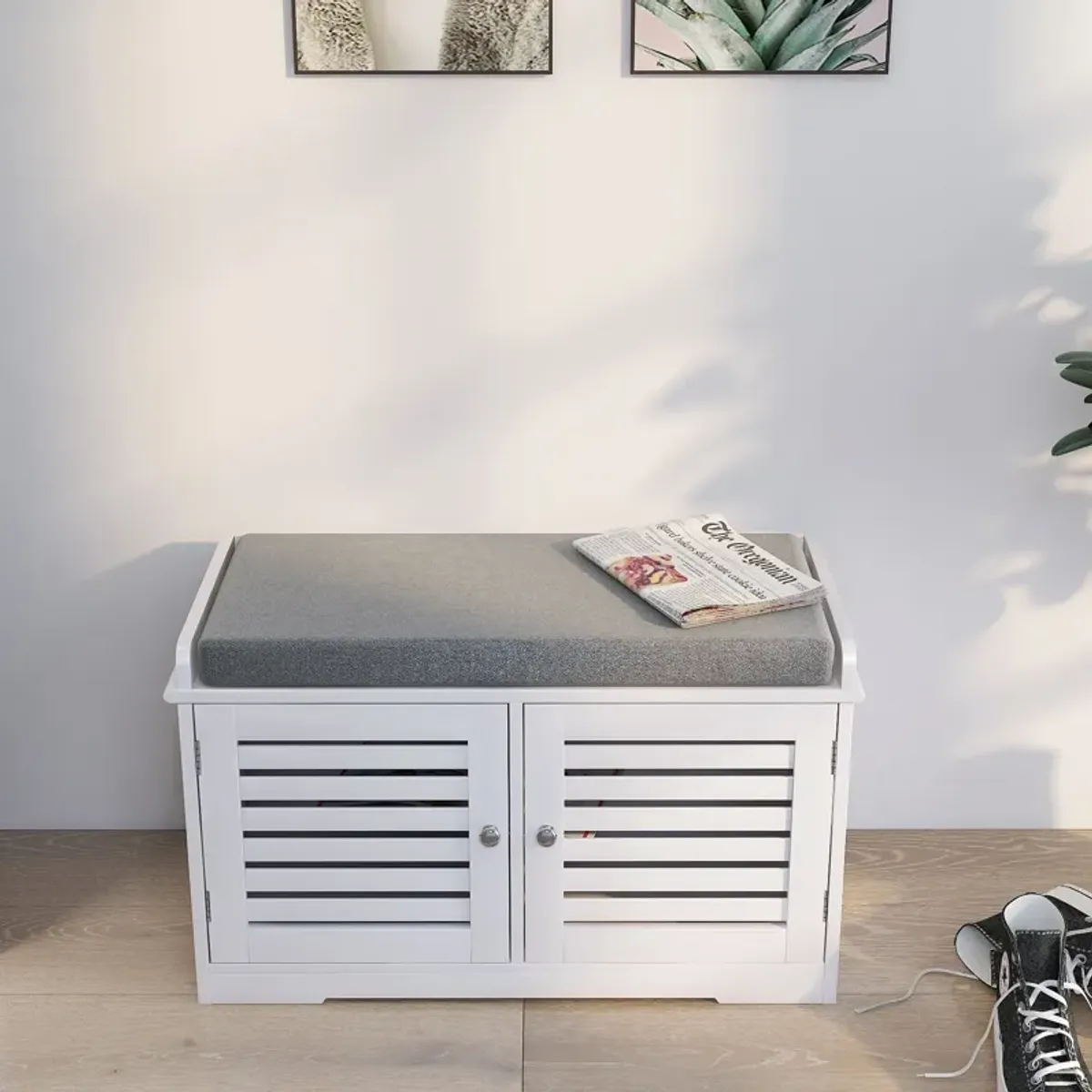 White 28.74 in. Bedroom Bench with 2 Barn Doors