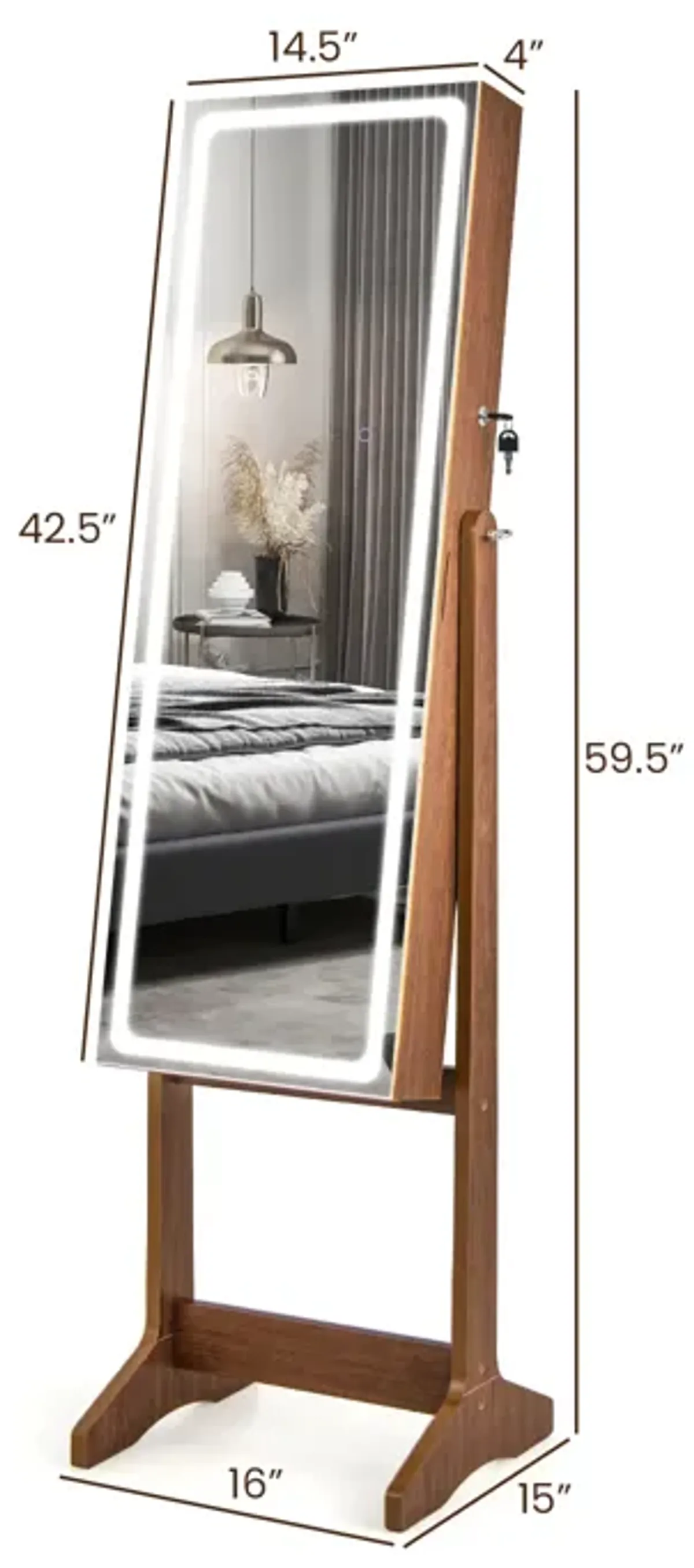 Lockable Jewelry Armoire Standing Cabinet with Lighted Full-Length Mirror