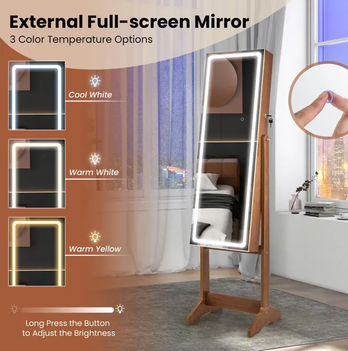 Lockable Jewelry Armoire Standing Cabinet with Lighted Full-Length Mirror