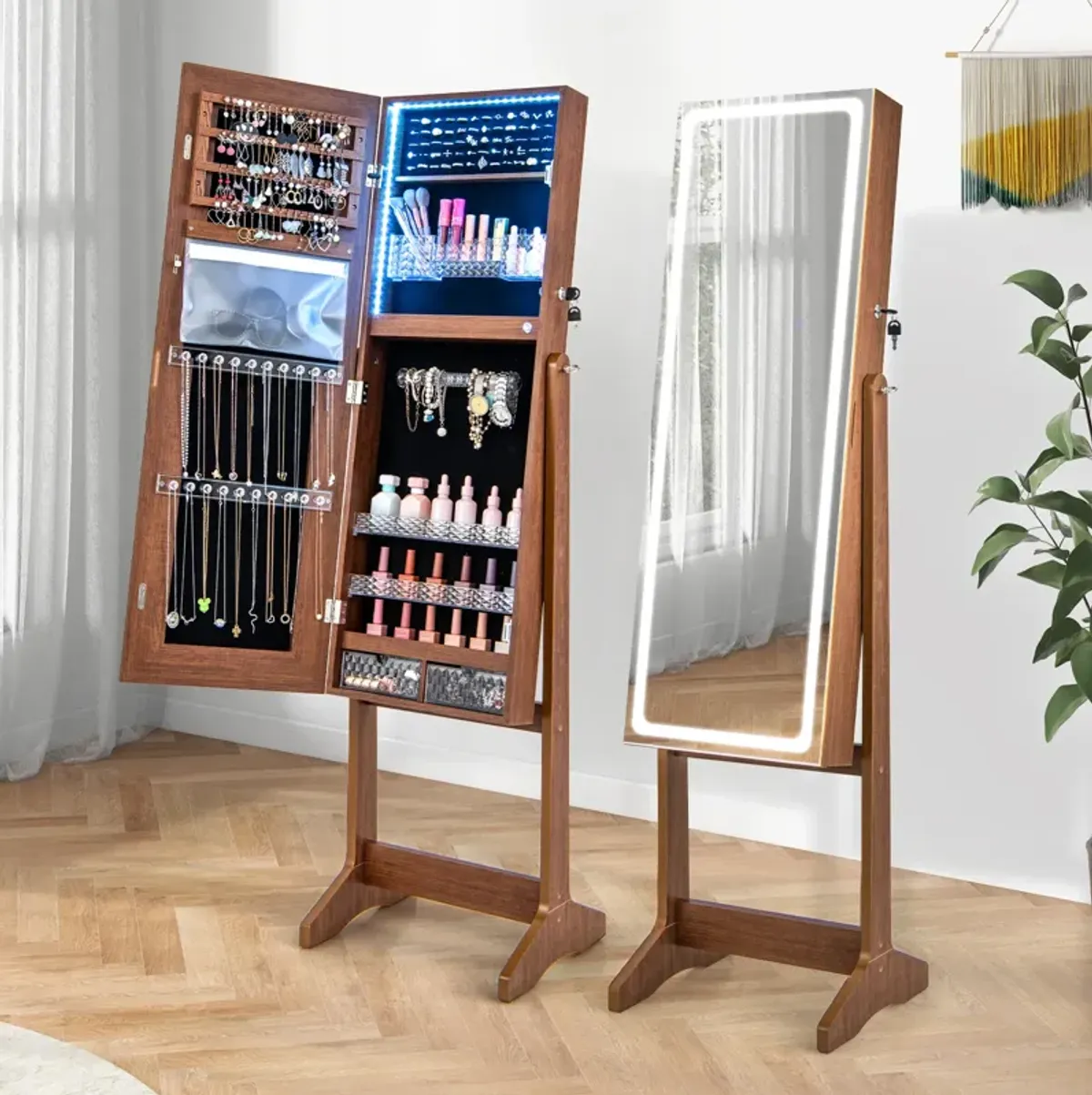 Lockable Jewelry Armoire Standing Cabinet with Lighted Full-Length Mirror