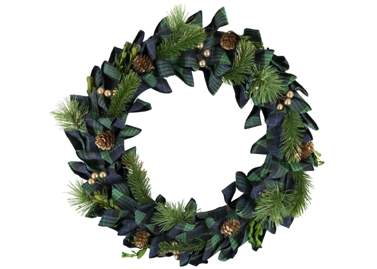 Blue and Green Plaid Bow Artificial Pine Christmas Wreath  17.75-Inch  Unlit