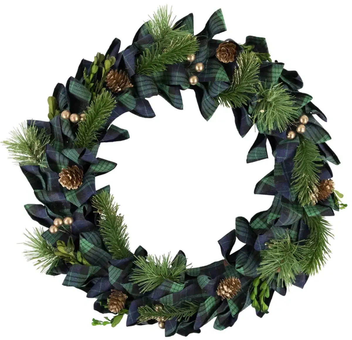 Blue and Green Plaid Bow Artificial Pine Christmas Wreath  17.75-Inch  Unlit