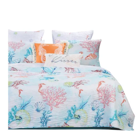 Twin Size 2 Piece Polyester Quilt Set with Coral Prints, Multicolor-Benzara