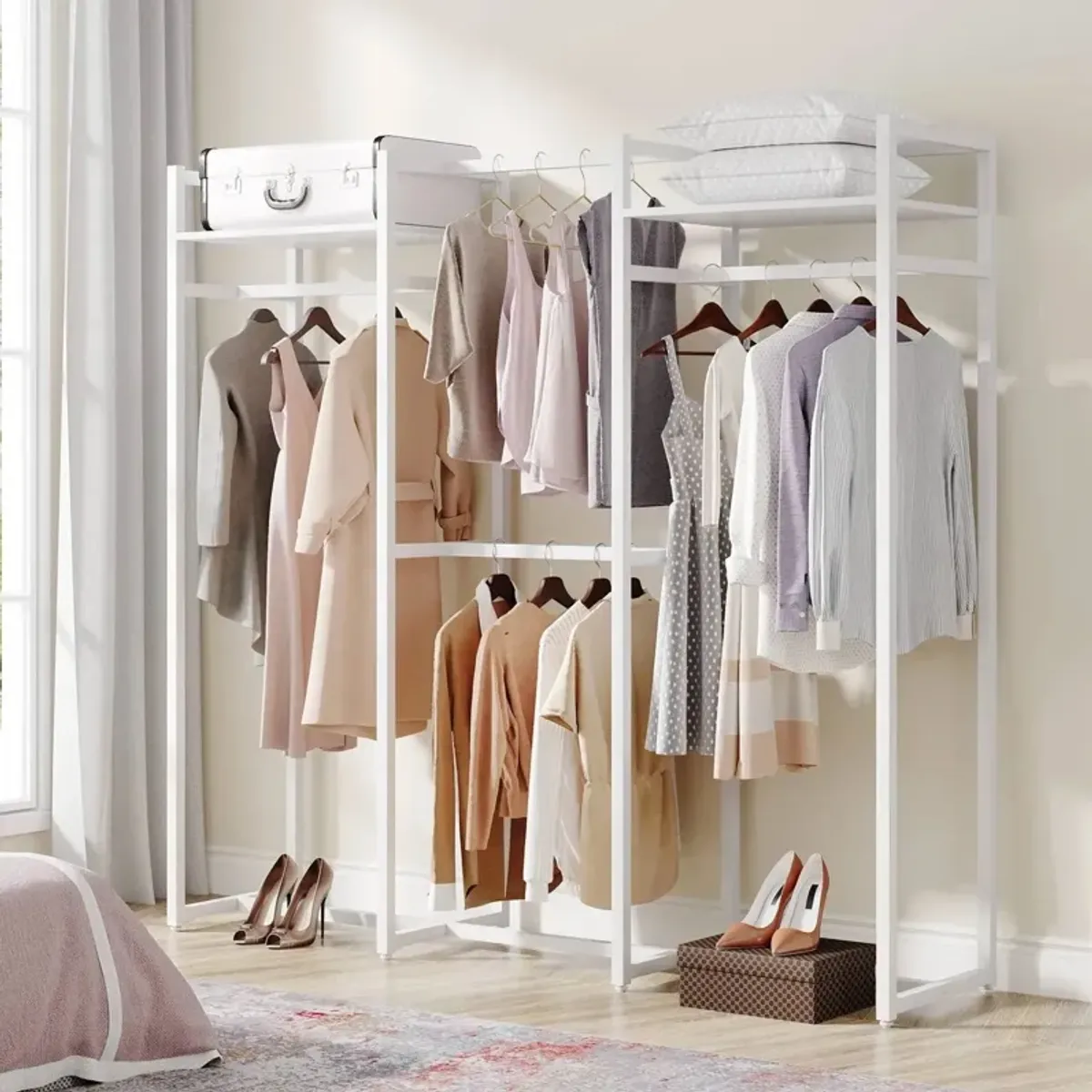 Hivvago Heavy Duty White Metal Freestanding Garment Rack with 4 Clothes Hanging Rods
