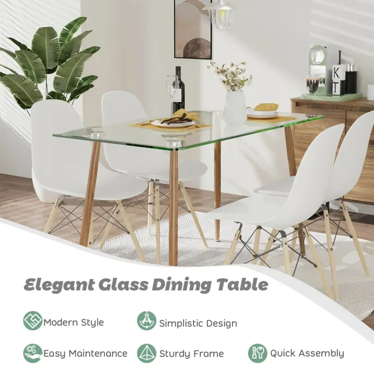 Modern Glass Rectangular Dining Table with Metal Legs