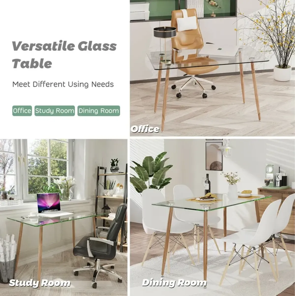 Modern Glass Rectangular Dining Table with Metal Legs