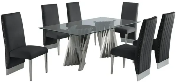 Classic 7pc Dining Set w/Pleated Side Chair, Glass Table w/ Silver Spiral Base, Black
