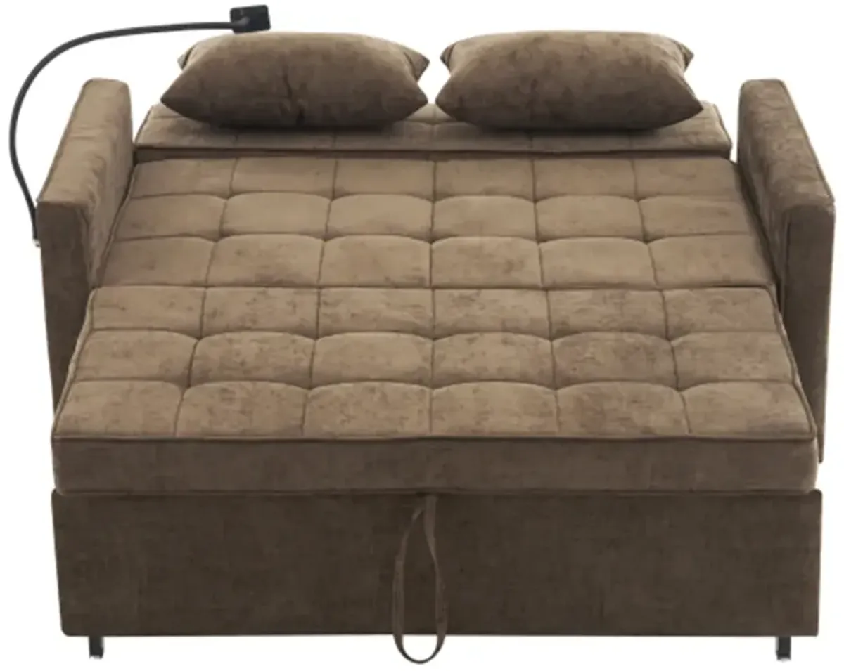 56.9" Loveseat Sofa Pull-out Sofa Bed Sleeper Sofa with a Reversible Backrest Cushion, Side Pockets, Two USB Ports and a Phone Holder for Living Room, Brown