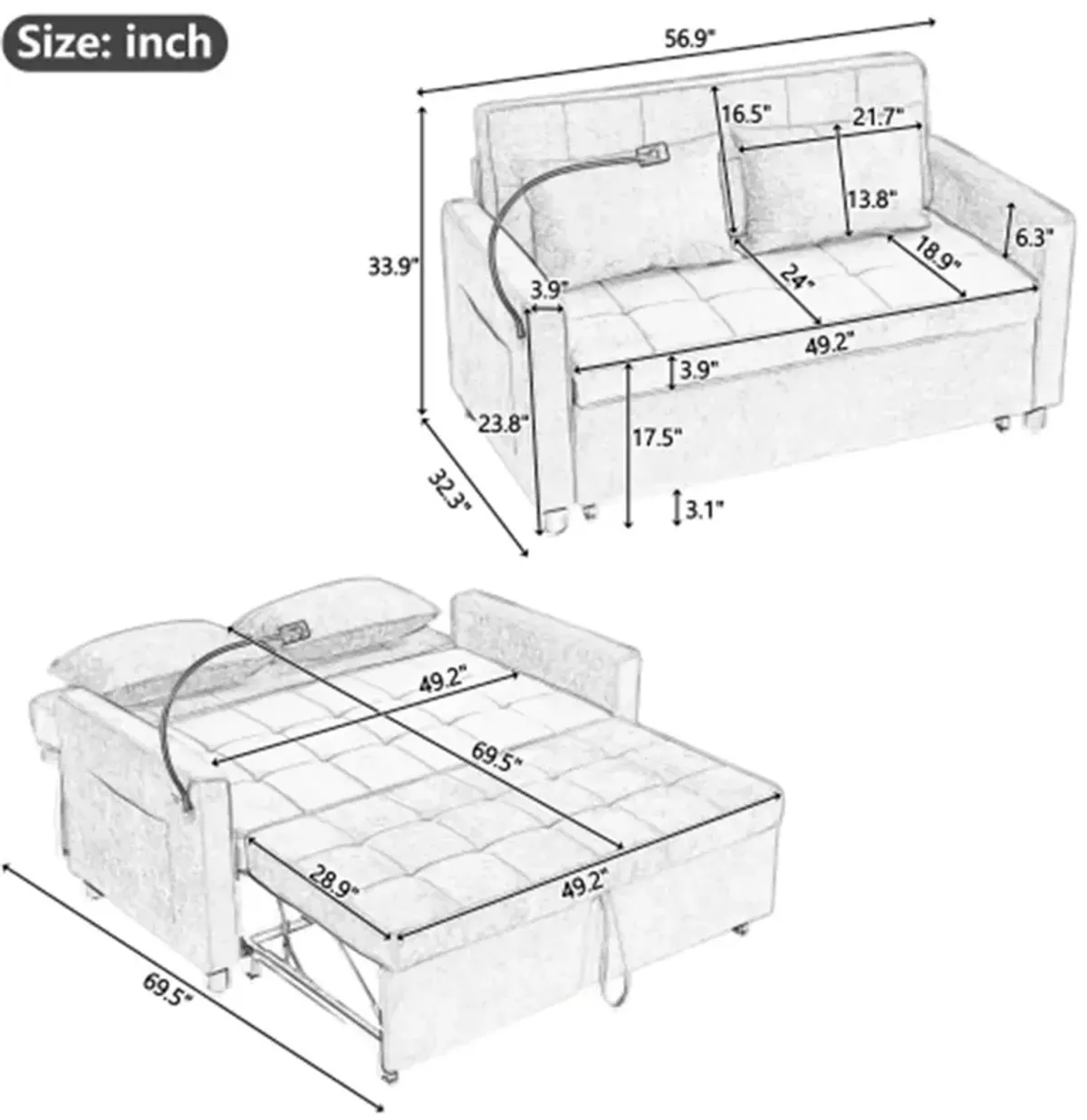 56.9" Loveseat Sofa Pull-out Sofa Bed Sleeper Sofa with a Reversible Backrest Cushion, Side Pockets, Two USB Ports and a Phone Holder for Living Room, Brown