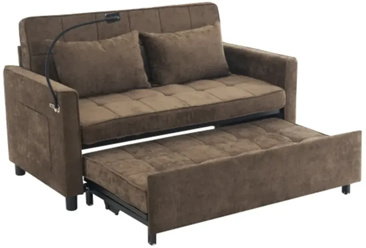 56.9" Loveseat Sofa Pull-out Sofa Bed Sleeper Sofa with a Reversible Backrest Cushion, Side Pockets, Two USB Ports and a Phone Holder for Living Room, Brown