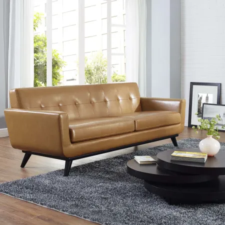 Engage Leather Sofa - Ultimate Lounging Experience with Curves, Dual Cushions, and Cherry Wood Legs. Perfect for Relaxation, Coffee Time, and Lively Conversations. Includes 7 Eye-Catching Buttons.