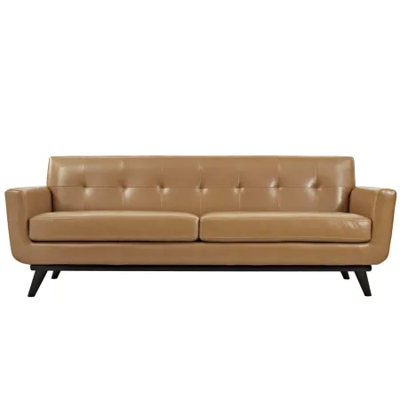 Engage Leather Sofa - Ultimate Lounging Experience with Curves, Dual Cushions, and Cherry Wood Legs. Perfect for Relaxation, Coffee Time, and Lively Conversations. Includes 7 Eye-Catching Buttons.