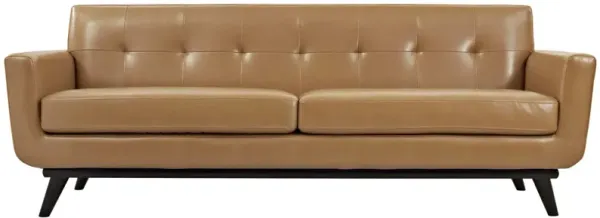 Engage Leather Sofa - Ultimate Lounging Experience with Curves, Dual Cushions, and Cherry Wood Legs. Perfect for Relaxation, Coffee Time, and Lively Conversations. Includes 7 Eye-Catching Buttons.