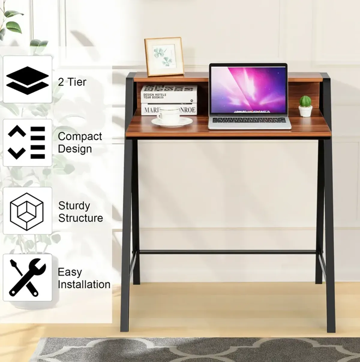 Costway 2 Tier Computer Desk PC Laptop Table Study Writing Home Office Workstation