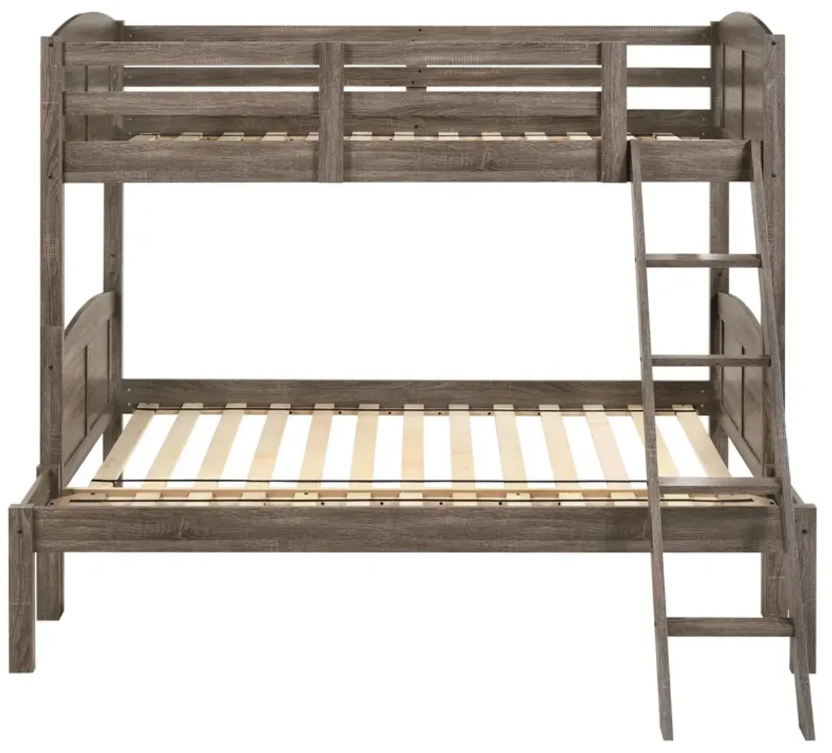 Twin over Full Bunk Bed Set, Slatted Guard Rails, Weathered Brown Wood - Benzara