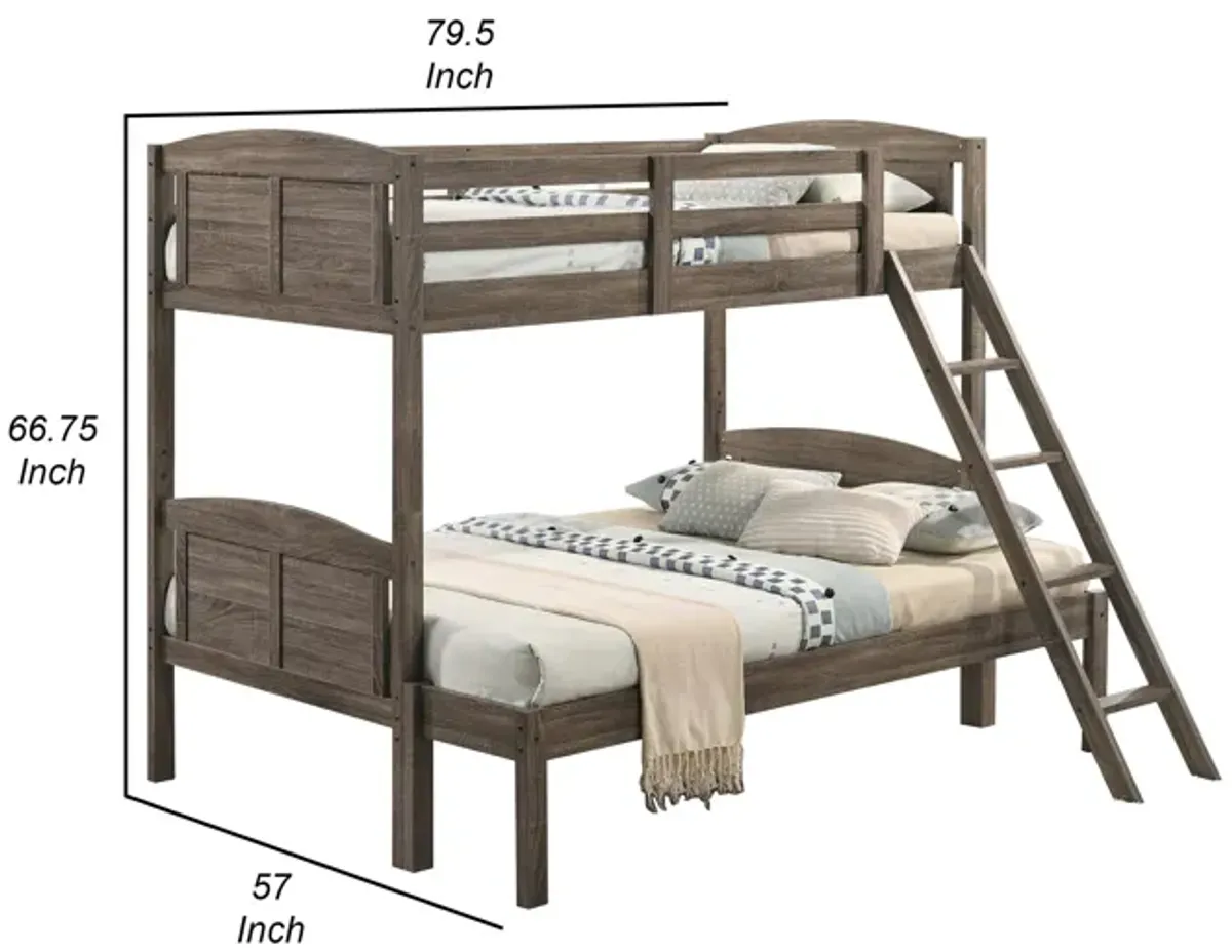 Twin over Full Bunk Bed Set, Slatted Guard Rails, Weathered Brown Wood - Benzara