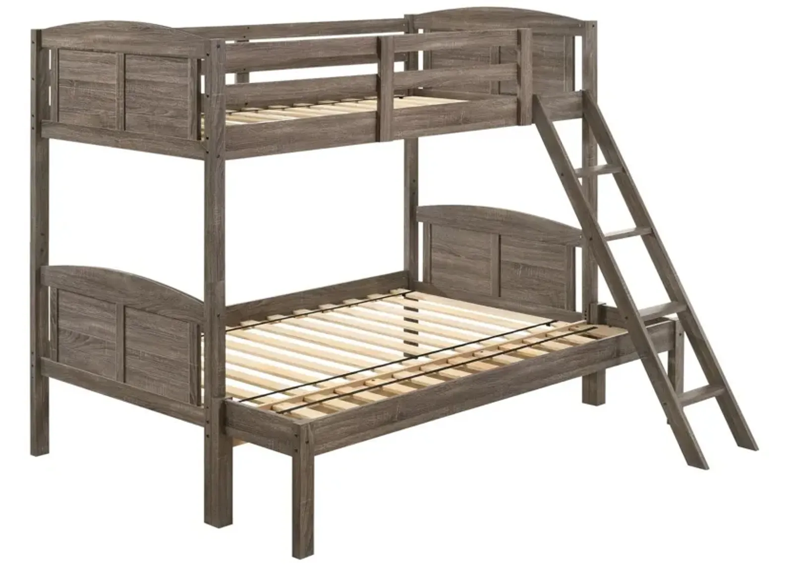 Twin over Full Bunk Bed Set, Slatted Guard Rails, Weathered Brown Wood - Benzara