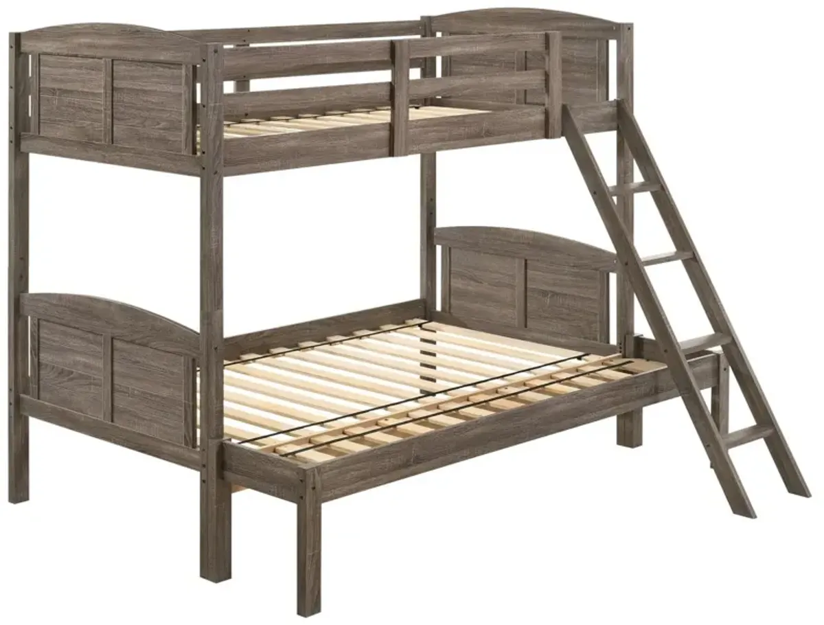 Twin over Full Bunk Bed Set, Slatted Guard Rails, Weathered Brown Wood - Benzara