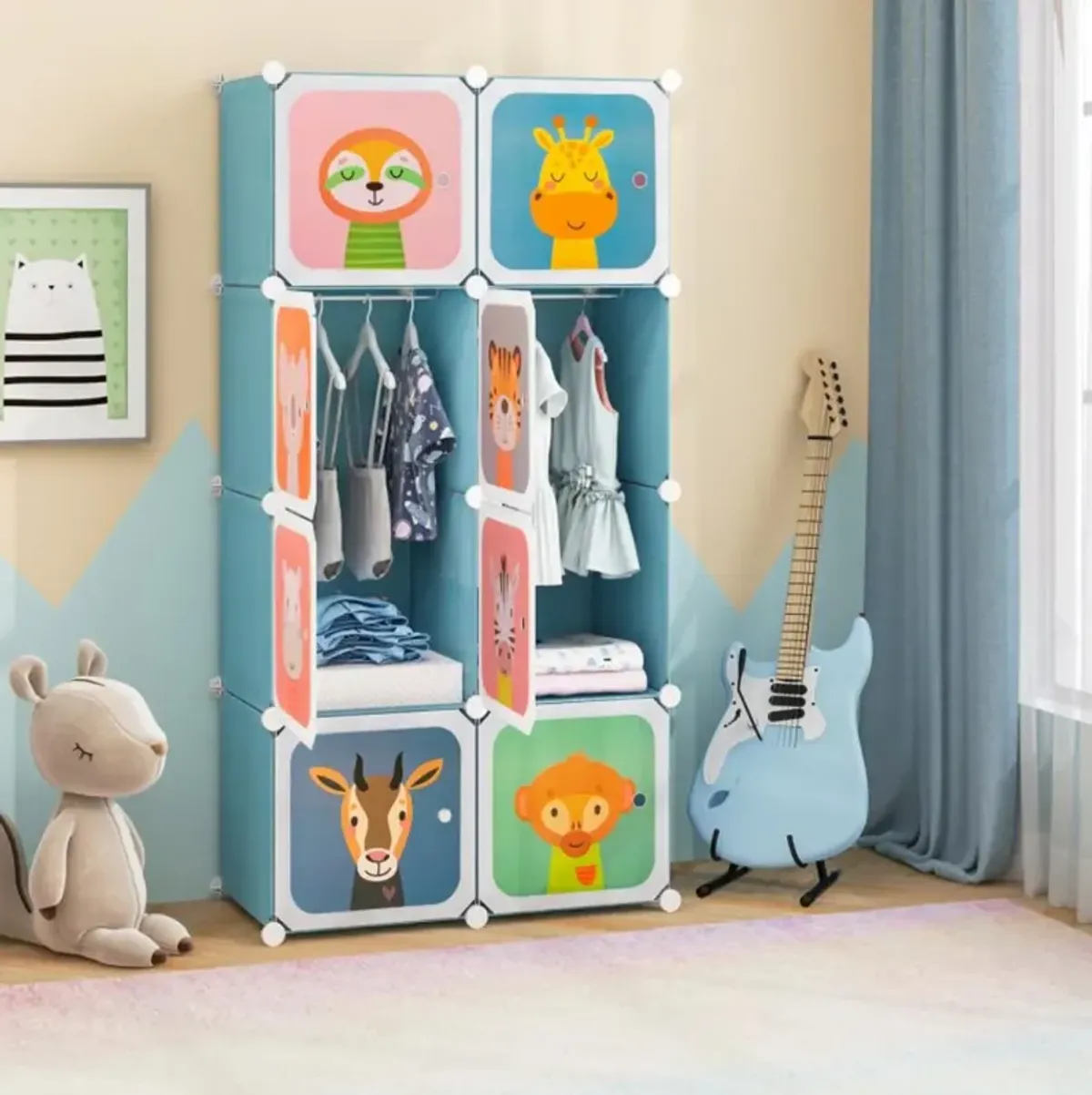 Hivvago 8-Cube Kids Wardrobe Closet with Clothes Hanging Section and Doors