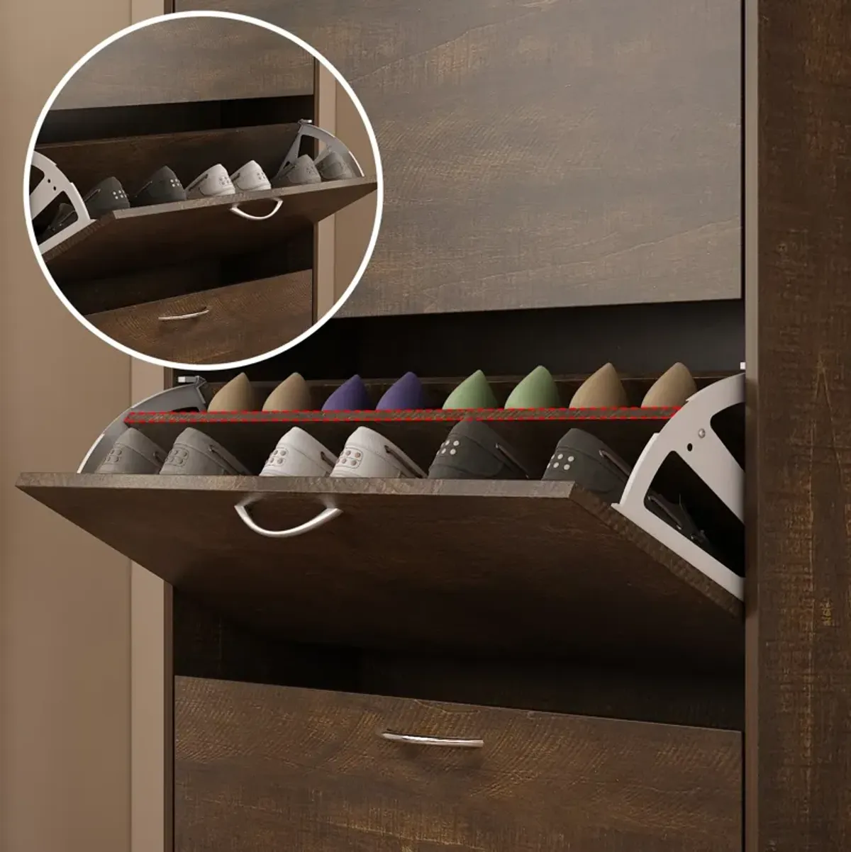 FUFU&GAGA 47.2-in H 3 Tier 12 Pair Composite Shoe Cabinet,(31.6" W x 9.3" D x 47.2" H), Brown