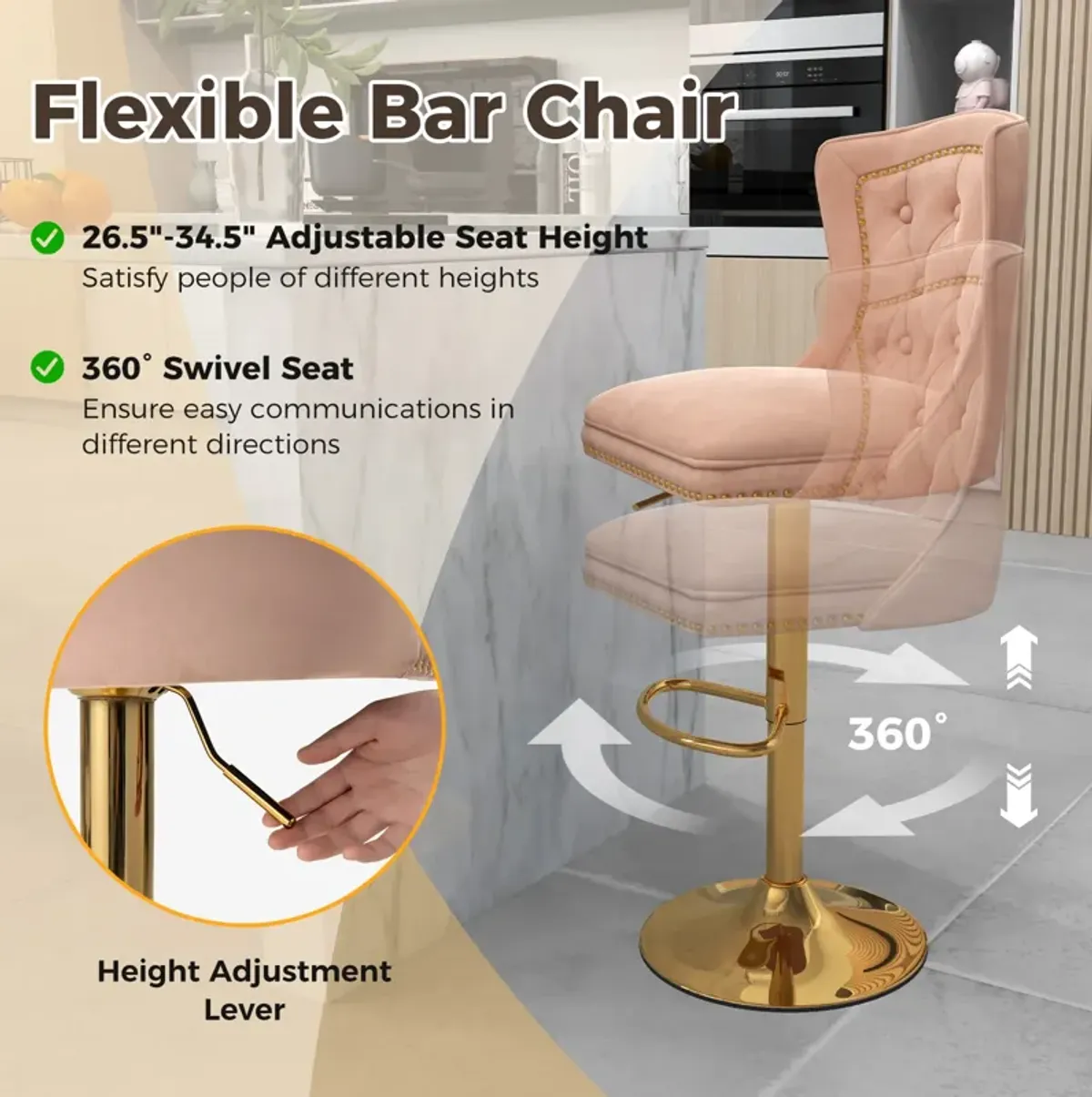 Set of 2 Bar Chairs with Footrest Electroplated Metal Base and Anti-Slip Ring for Stability