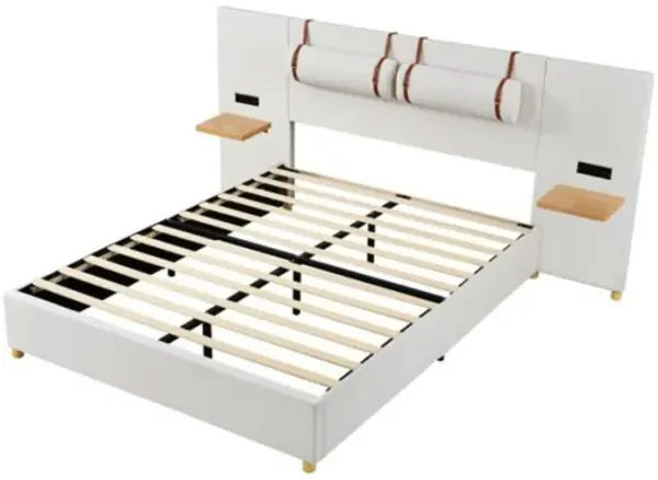 Upholstered Bed Frame with Dual USB Ports Outlets Storage Shelves and Pillows
