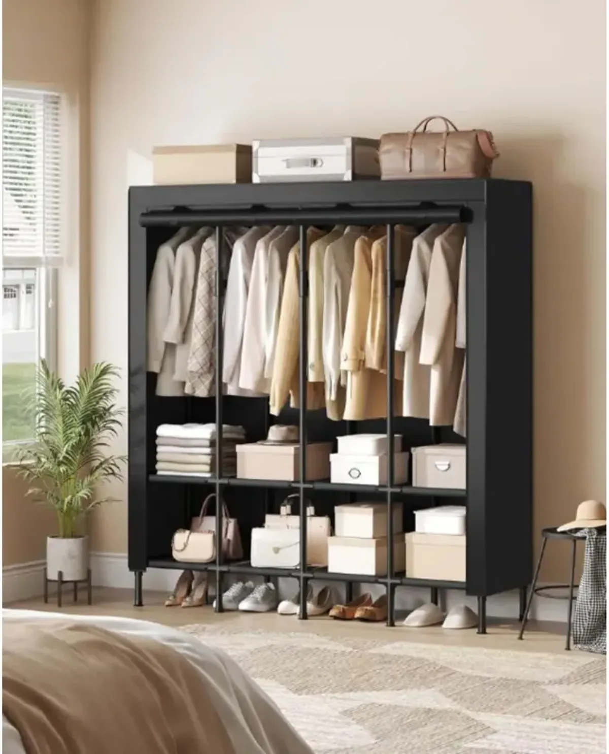 Spacious Wardrobe Closet with Hanging Rails for Organized Clothing Storage