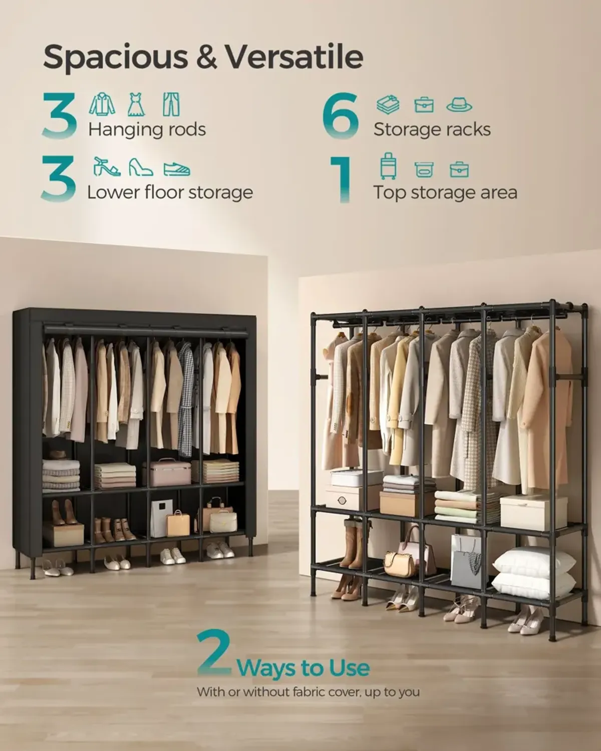 Spacious Wardrobe Closet with Hanging Rails for Organized Clothing Storage