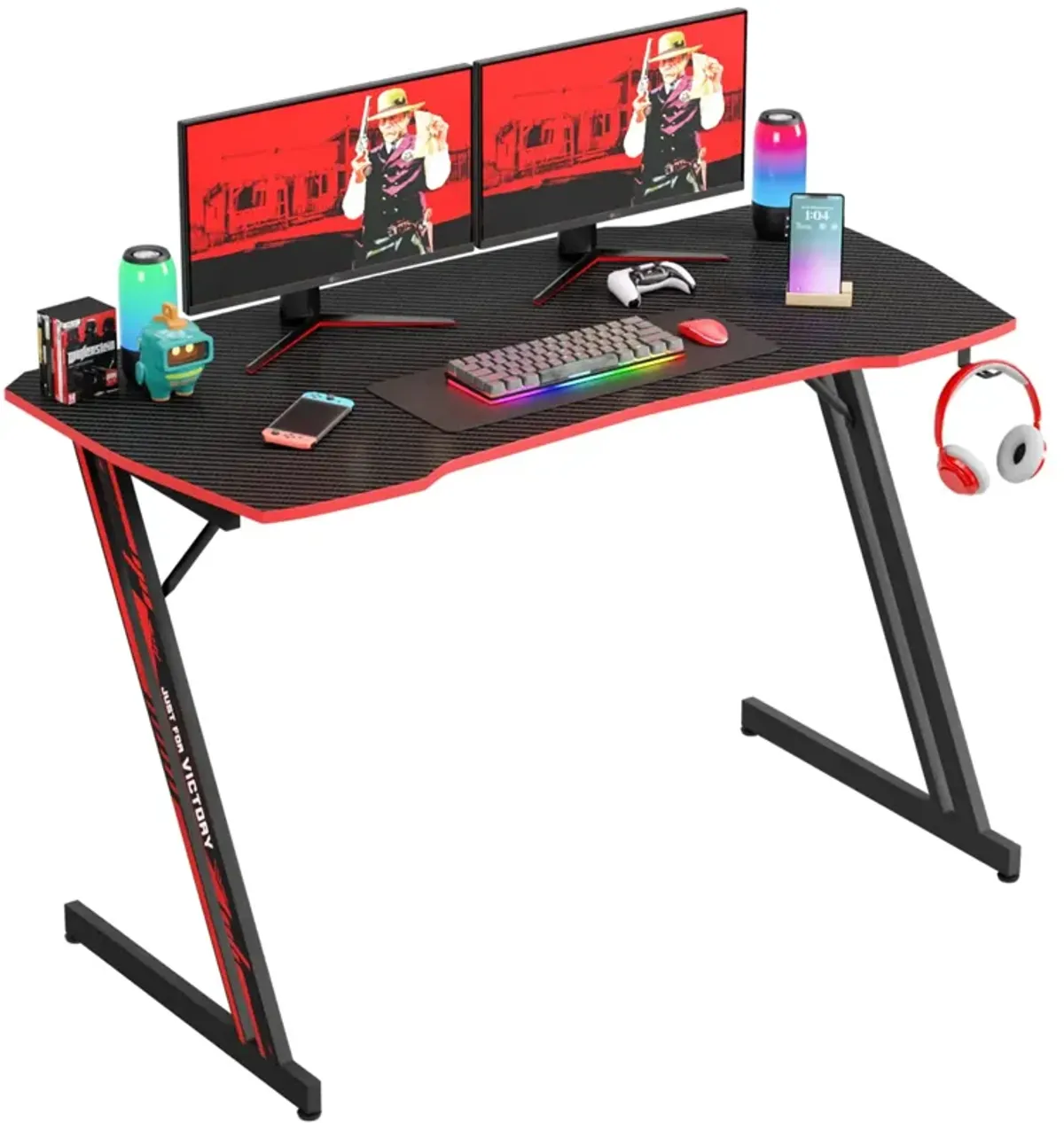 PayLessHere 47 Inch Modern Z-Shaped Gaming Desk Computer Desk for Home Office with Headphone Hook - Sturdy Workstation Table wit