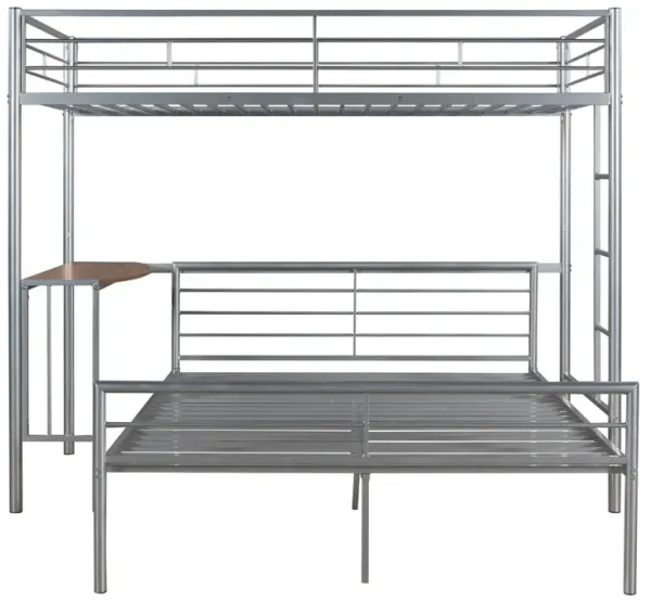 Twin Over Full Metal Bunk Bed With Desk, Ladder And Quality Slats For Bedroom, Metallic Silver