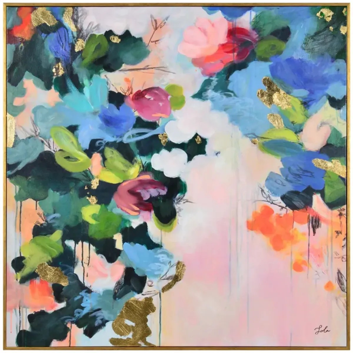 Pink and Blue Floral Square Framed Wall Art 40" x 40"