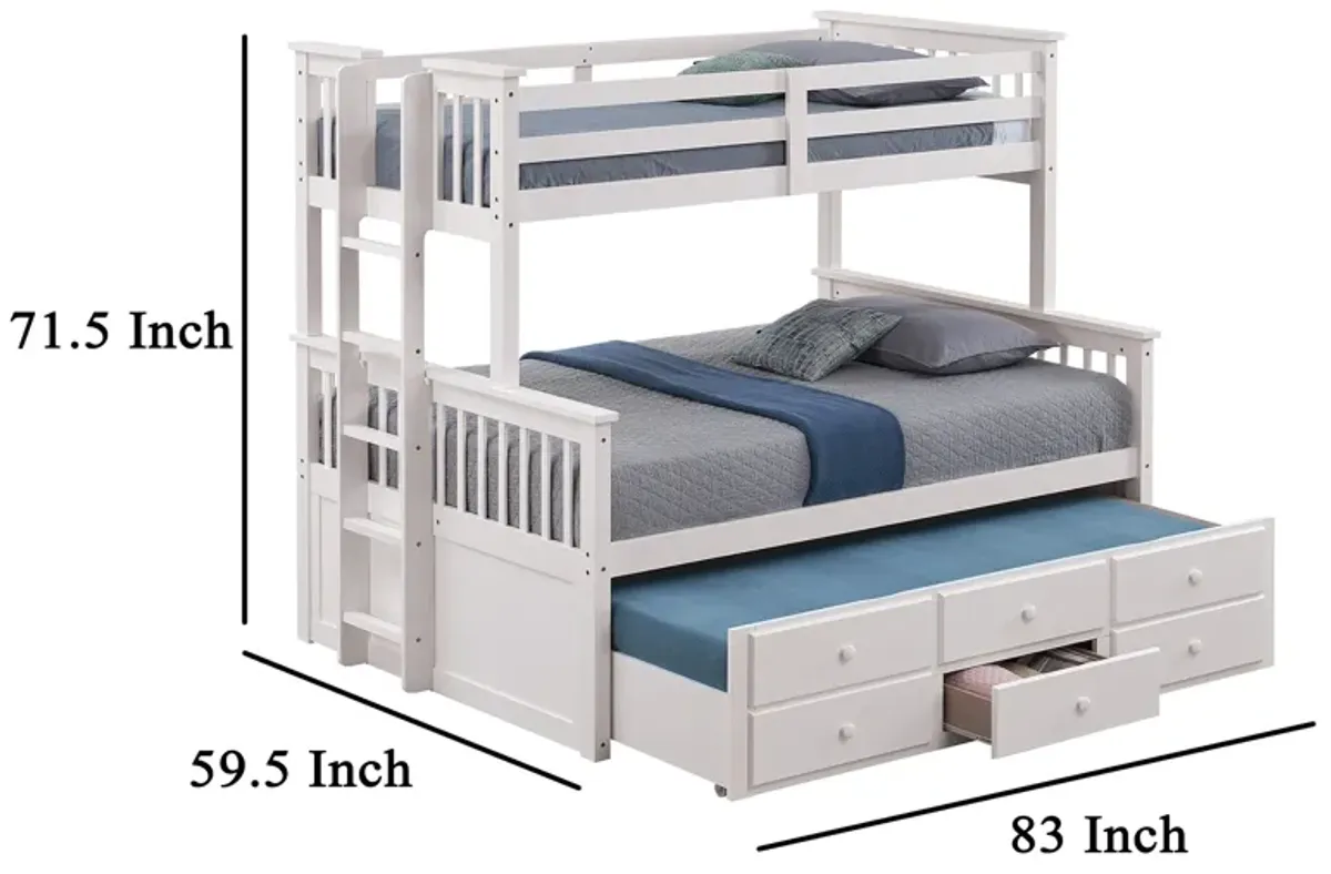 Veran Twin Over Full Bunk Bed, Trundle and 3 Drawers, White Solid Wood