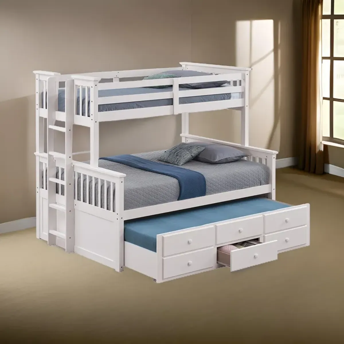 Veran Twin Over Full Bunk Bed, Trundle and 3 Drawers, White Solid Wood