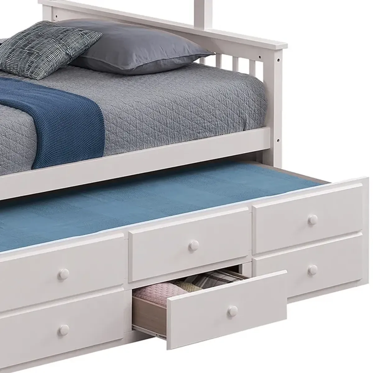 Veran Twin Over Full Bunk Bed, Trundle and 3 Drawers, White Solid Wood