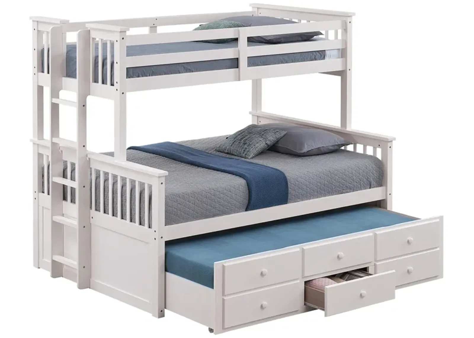 Veran Twin Over Full Bunk Bed, Trundle and 3 Drawers, White Solid Wood