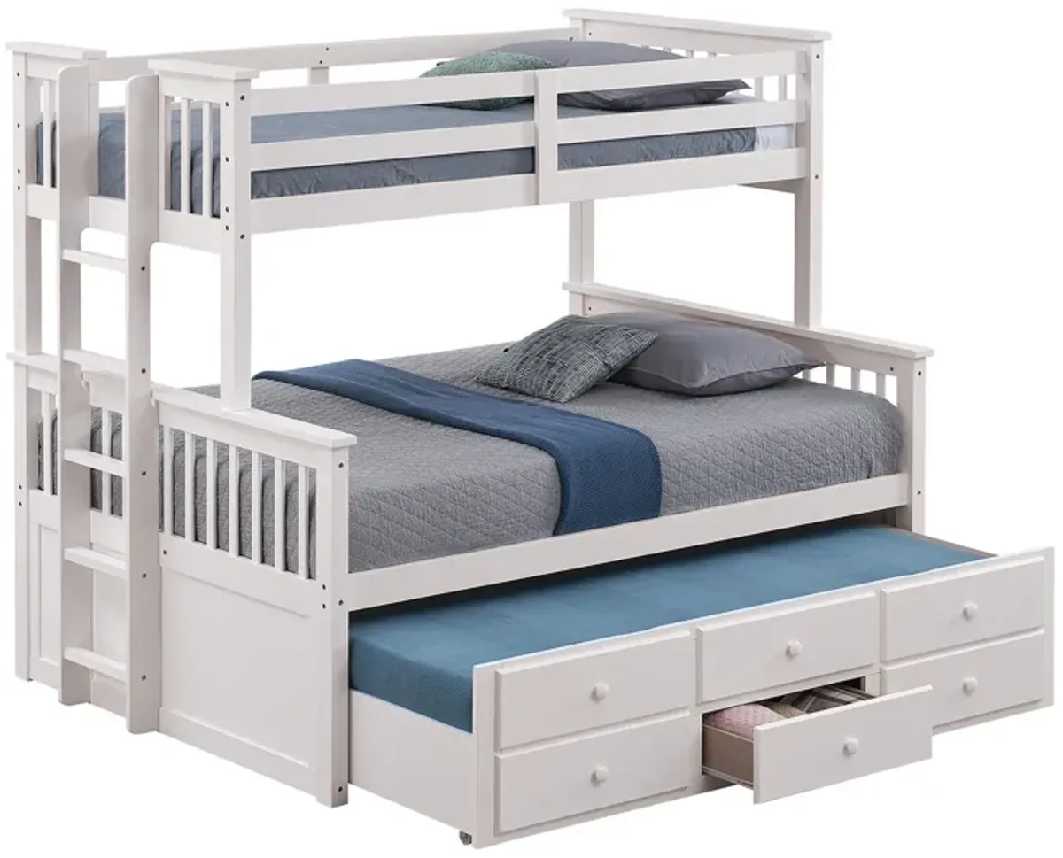 Veran Twin Over Full Bunk Bed, Trundle and 3 Drawers, White Solid Wood