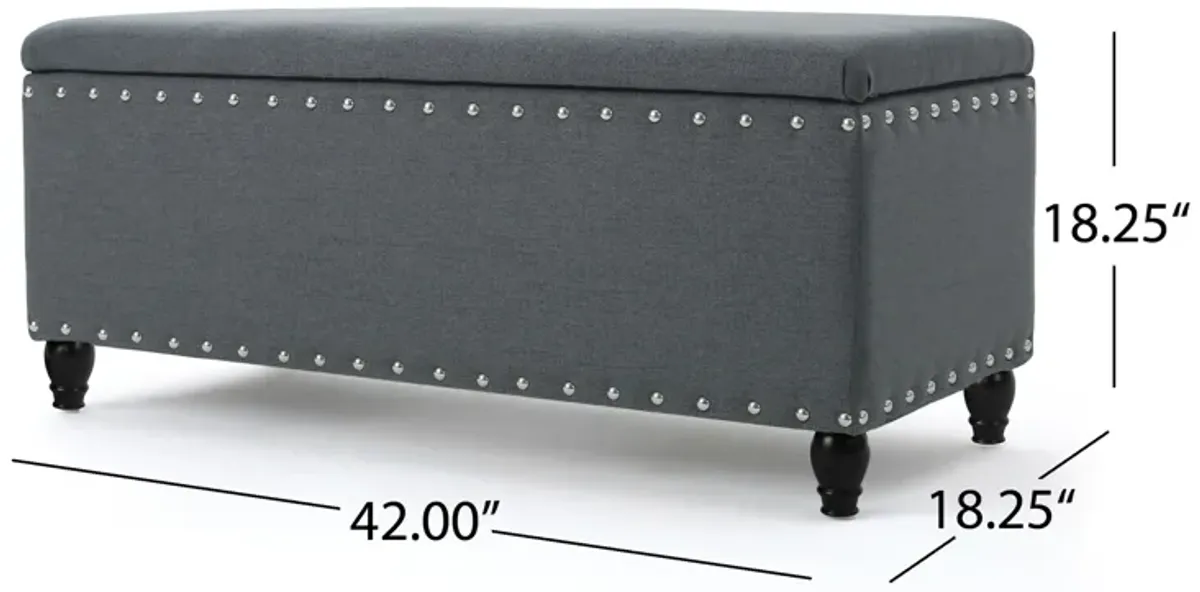 Sharon Storage Ottoman Bench, Dark Gray Fabric, Nailhead Trim, 42 Inch -Benzara