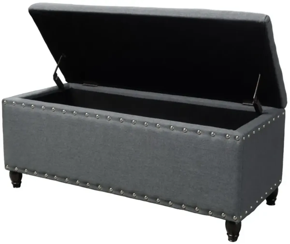 Sharon Storage Ottoman Bench, Dark Gray Fabric, Nailhead Trim, 42 Inch -Benzara